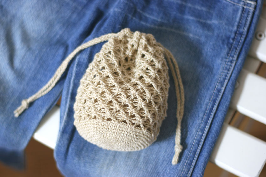 かぎ針編み 巾着袋 麻の葉模様の編み地