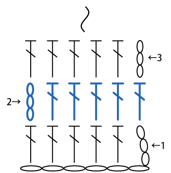 かぎ針編み 長編みの往復編み2段目