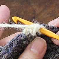 バックこま編み[7] 針を入れました。糸をかけて引き出します。