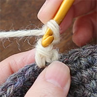 ピコット編み[3] こま編みの目の、手前側の2本に針を入れて引き抜き編みをします。