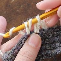 中長編み[5] もう一度かけて、針にかかっている3つのループを一気にくぐらせます。