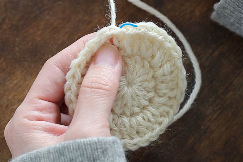 [6] 次は、編み地の手前側から最後の目に針を入れ、青で示した1本をすくいます。