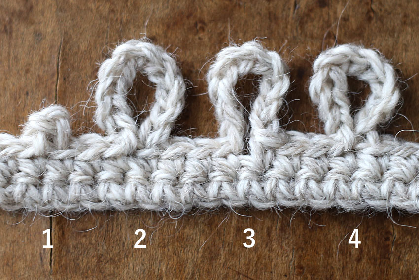 くさりループの編み図記号と実際の編み地