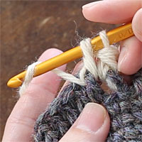 中長編み表引き上げ編み[5] 糸をかけて、全てのループをくぐらせます。