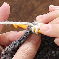 長編み[3] 前段の目に針を入れます。