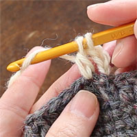 長編み[8] 針に糸をかけ、全てのループをくぐらせます。