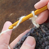 長編み2目一度[1] 針に糸をかけ、前段の目に針を入れます。