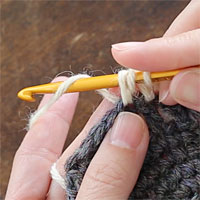 長編み2目一度[4] もう一度糸をかけ、針先に近い2つのループをくぐらせます。