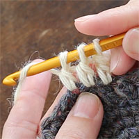 長編み2目一度[6] 前段の左となりの目に針を入れ、未完成の長編みをもう1つ編みます。針に糸をかけ、未完成の長編みを1度に完成させます。