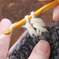 長編み表引き上げ編み[5] 糸をかけ、全てのループをくぐらせます。