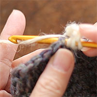 長編表引き上げ編み[3] 前段の目に針を入れ、糸をかけて引き出します。