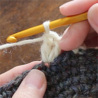 前段の目を割って長編み5目編む[3] 前段の同じ目に針を入れて長編みを編み、2目めが編めました。