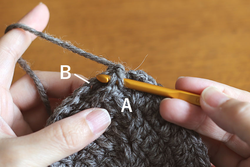 かぎ針編み エンブレムポーチ ③Aに針を入れる