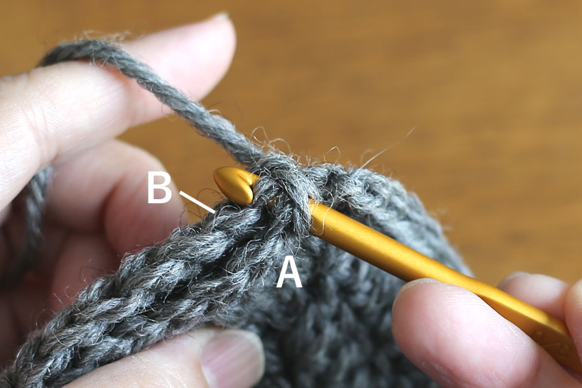 かぎ針編み エンブレムポーチ ④Bに針を入れる