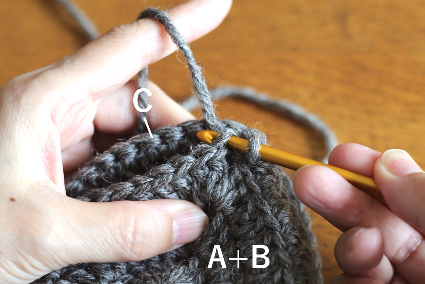 かぎ針編み エンブレムポーチ ⑨Bに針を入れる