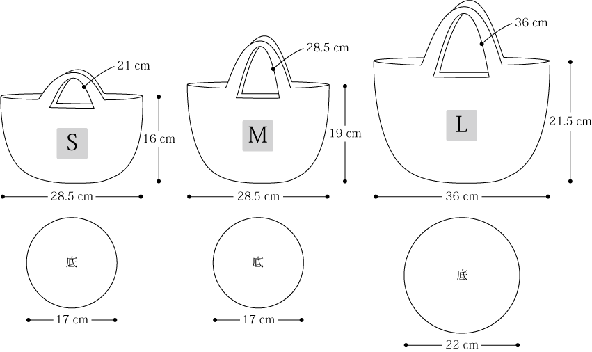 かぎ針編み 基本のマルシェバッグ S・M・Lサイズ 採寸図