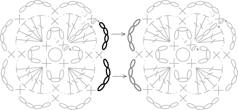 かぎ針編み モチーフつなぎの栞 3段目 で編みつなぐ